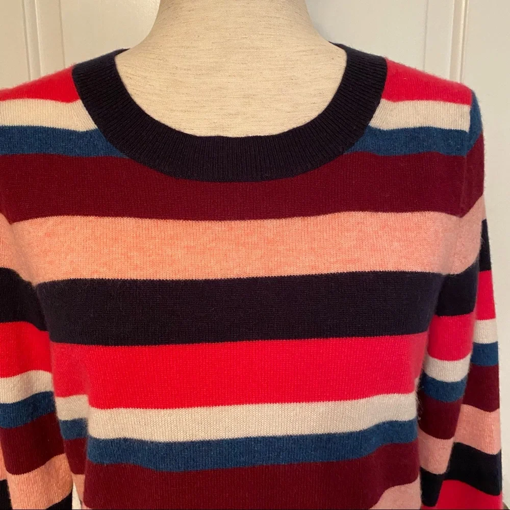 J. CREW SWEATER CREWNECK BLUE RED PINK CASHMERE STRIPED SIZE M